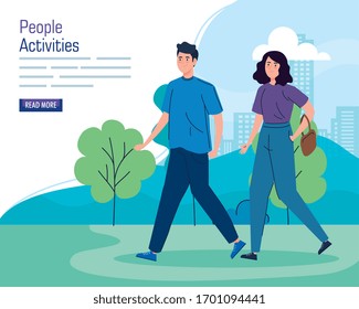 banner of young couple walking in cityscape vector illustration design