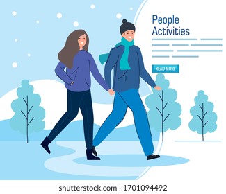 banner of young couple walking in winter landscape vector illustration design