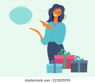 Banner with a young girl pointing at an advertising speech bubble. Nice woman points to discounts. Happy lady with a bunch of parcels. Vector flat isolated illustration.
