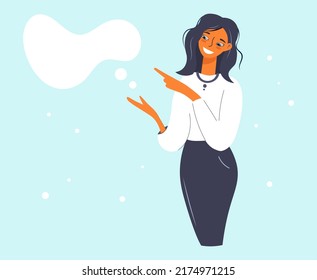 Banner with a young girl pointing at an advertising speech bubble. Pretty woman points to discounts. Vector flat isolated illustration on blue background.