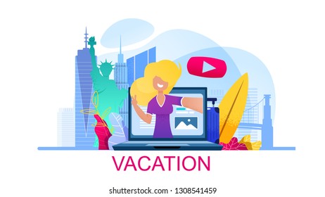 Banner Young Girl Talks about her Vacation Online. Flat Vector Illustration Smiling Woman Blogger, with Laptop Screen Showing Sights Country Travel. Against Background City, Historical Buildings