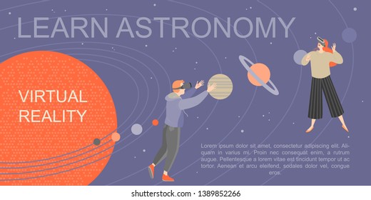 Banner with young people studying astronomy with the help of virtual reality glasses. Happy cartoon characters play and learn with the help of modern technology