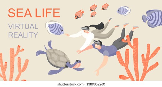 Banner with young people studying  the underwater world with the help of virtual reality glasses. Happy cartoon characters play and learn with the help of modern technology