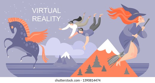 Banner with young people traveling around the fairy world with virtual reality glasses. Happy cartoon characters play with the help of modern technology