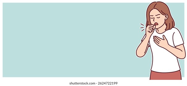 Banner with young woman coughing due to asthma attack, blue background with space for text, copy space