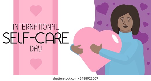 Banner with young woman with heart. Horizontal poster in pink and purple colors for social media, web background. Illustration with hearts and woman. International Self-care day. Love yourself.