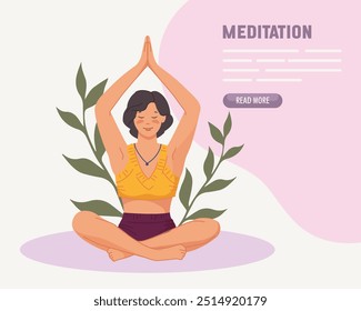 Banner de jovem mulher meditando na natureza e folhas. Ilustração de conceito para ioga, meditação, relaxar, recreação, estilo de vida saudável. Ilustração de vetor na moda plana.