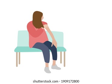 Banner with young woman waiting to be vaccinated against Covid-19 at the clinic in flat cartoon style. Vector illustration