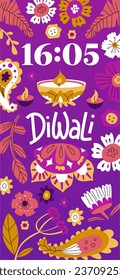 Banner for your phone with the theme of celebrating the Indian holiday Diwali. Design with flowers and candles. Vector illustration in cartoon style.