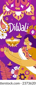 Banner for your phone with the theme of celebrating the Indian holiday Diwali. Design with flowers, a woman in national costume and candles. Vector illustration in cartoon style.