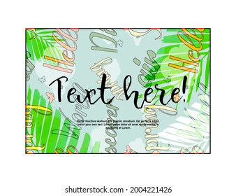 A banner for your text, on a background of palm leaves and cheerful inscriptions. Vector illustration.
