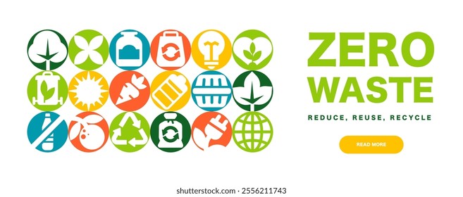 The banner Zero Waste, a Bauhaus design with Simple Geometric icons in circles for Ecology themes