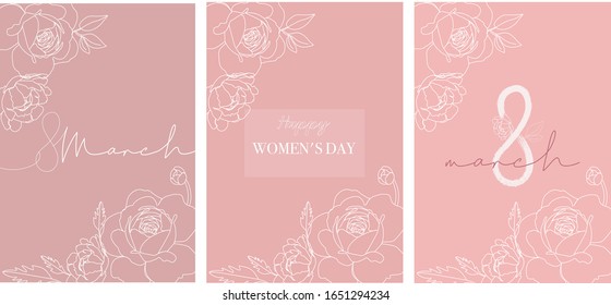 Banner/card/template for the International Women's Day/March 8 with the decor of flowers. Greeting pink card line art style flowers for girl