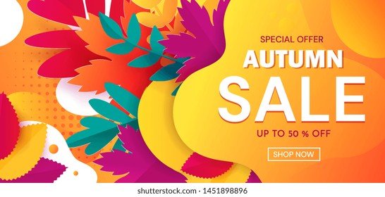 BannerColorful banner advertising an Autumn Sale with 50 percent discounts and special offers with text on abstract orange surrounded by leaves. Vector Illustration.