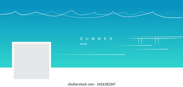 Banner-cover for a social network with a minimalistic vector linear image of the pier with sea waves on a turquoise background with the words summer sea