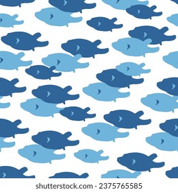 Bannerfish school seamless pattern. Simple fish shape silhouette graphic wallpaper. Vector repetitive textile and fabric print swatch. Blue fish. Square underwater composition.