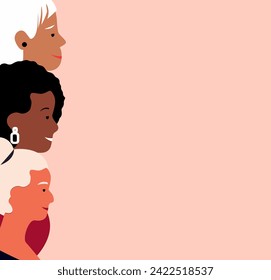 Banner,Leaflet with place for text,white background.Beautiful female profiles with Different Beauty,Hair,Skin Color.Different Races,Nations.Diversity.The Femininity Concept.Vector flat Illustration