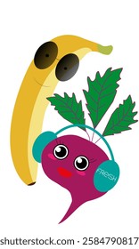 Banner-menu-fruits-vegetables-cartoon characters, Smiling fruits and vegetables with human characteristics,Cartoon illustration of funny characters food objects made from fruits and vegetables