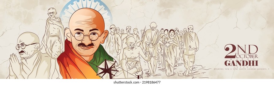 
banner,post illustration of mahatma gandhi carecters with indian background.
