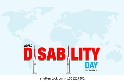 Banner/poster/card/ad/campaign for World disability day. Creative conceptual design with the use of flat/cartoon style crutches placed upside down in the disability text/word. 