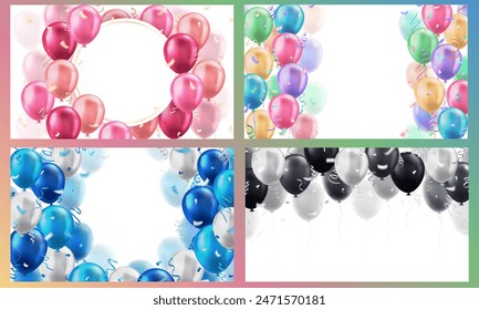 Anuncios con globos brillantes coloridos realistas 3d y decoración de confeti con espacio en blanco para texto de saludo.  Diseño de Plantilla para cumpleaños, fiesta de celebración, venta, evento de apertura, invitación