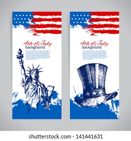 Banners of 4th July backgrounds with American flag. Independence Day vintage hand drawn design 