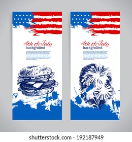 Banners of 4th July backgrounds with American flag. Independence Day hand drawn sketch design 