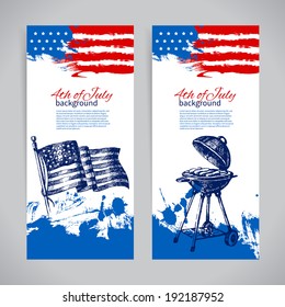 Banners of 4th July backgrounds with American flag. Independence Day hand drawn sketch design 