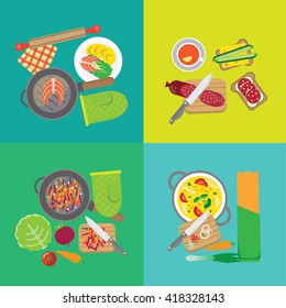 Banners about food. Preparing home-cooked meal. pans and pots with food. With soup and cutlets, eggs and vegetables to sandwiches.