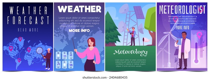 Banners about weather forecast, vector illustration on white background. Set of design templates, flyers and cards for meteorology and meteorologist. People characters. Drawing in flat cartoon style.