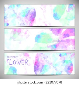 Banners with abstract Flower texture, green, purple. Modern colorful pattern resembling watercolor strokes. Design element for backgrounds, printed media, web banners, etc.