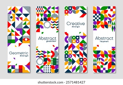 Banners with abstract modern geometric pattern, vector vertical backgrounds. Modern minimal simple shapes and geometric mosaic elements pattern for banners layout and cover creative design templates
