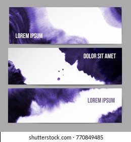 Banners With Abstract Ultra Violet Purple Grunge Splashes On White Background. Color Of The Year 2018. Ink Wash Painting 