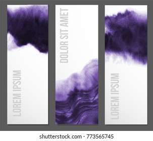 Banners with abstract ultraviolet purple grunge splashes on white background. Color of the year 2018. Ink wash painting 