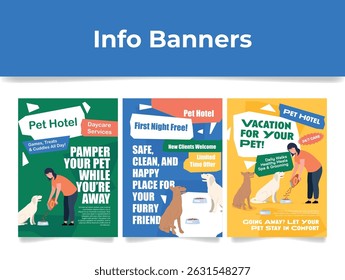 Banners advertising pet hotel services with day care, grooming and special offers for pets