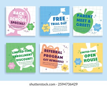Banners advertising various promotions for events after kindergarten graduation, including enrollment discounts, free orientation days, and meetings with parents.