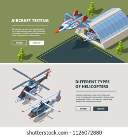 Banners With Airplanes Pictures. Military Isometric Aircrafts. Airbase With Fighter Aircraft, Airplane Isometric. Vector Illustration