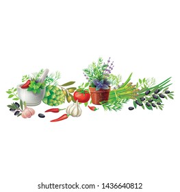 Banners with aromatic herbs in pots and vegetables. Rustic design