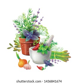 Banner mit aromatischen Kräuter in Töpfen und Gemüse. rustikales Design