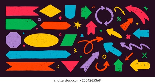banners and arrows in rough rustic style. Hand drawn vintage textured badges, banners, flags, and other design elements perfect for presentation. Hand-drawn infographic Vector collection