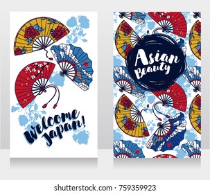 banners for asian beauty and travels with  traditional asian hand paper fans with beautiful ornaments and sakura flowers, vector illustration