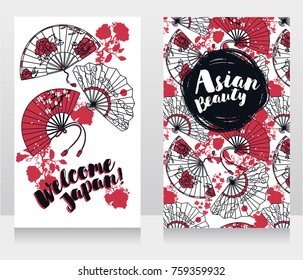 banners for asian beauty and travels with  traditional asian hand paper fans with beautiful ornaments and sakura flowers, vector illustration