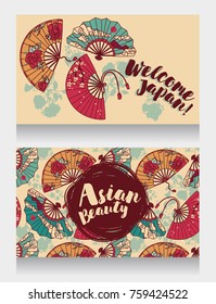 banners for asian beauty and travels with  traditional asian hand paper fans with beautiful ornaments and sakura flowers, vector illustration