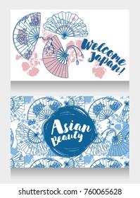 banners for asian beauty and travels with  traditional asian hand paper fans with beautiful ornaments and sakura flowers, serenity blue and rose quartz colors, vector illustration
