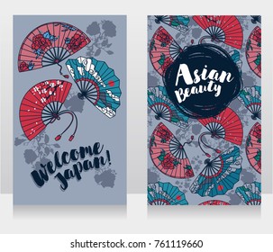 banners for asian beauty and travels with  traditional asian hand paper fans with beautiful ornaments and sakura flowers, vector illustration