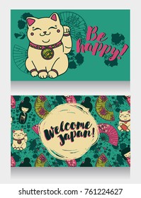 banners for asian travels with traditional japanese souvenir - maneki neko, cat with the rised hand - and sakura flowers, can be used as invitation for asian style party, vector illustration