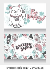 Banners for asian travels with traditional japanese souvenir - maneki neko, cat with the rised hand - and sakura flowers, can be used as invitation for asian style party, vector illustration