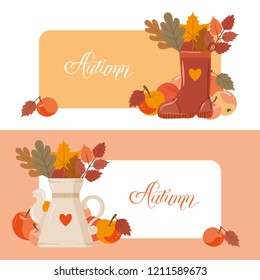 Banners with autumn decorative elements.  Apples, jar with leaves, rubber boost and leaves in doodle style