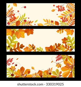 Banners with autumn elements, leaves and berries, colorful vector illustration