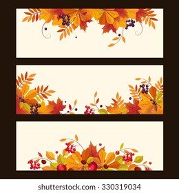 Banners with autumn elements, leaves, chestnuts and ripe berries, colorful vector illustration